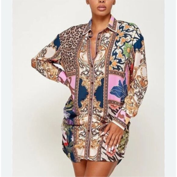 Her Bottari Shirt Dress Large Multicolor Patchwork Long Sleeve Button Front Mini - Picture 7 of 15